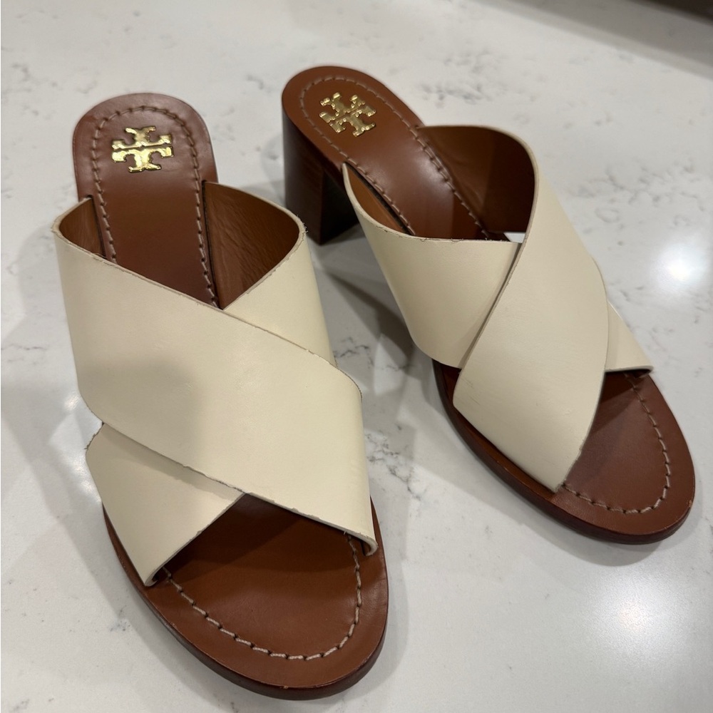 Tory Burch Ivory Leather Crisscross Block Heel Mules